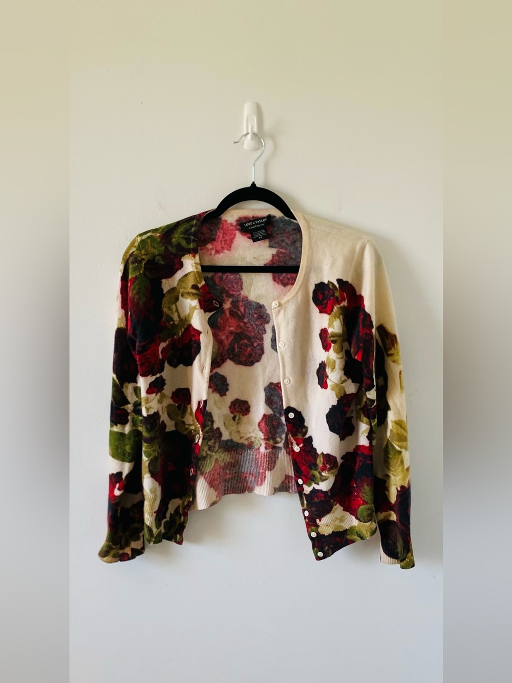 Lord & Taylor 100% Cashmere Floral Rose Cardigan Sweater Crop Medium M Luxury